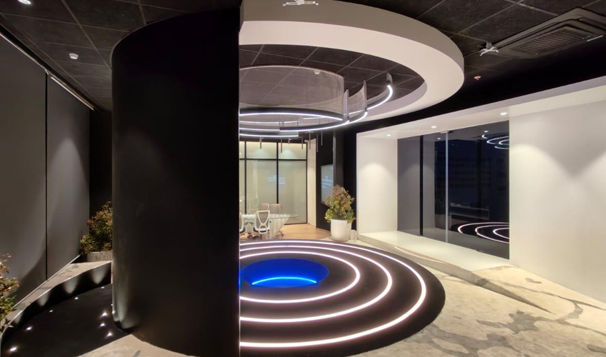 Residential living space with layered lighting